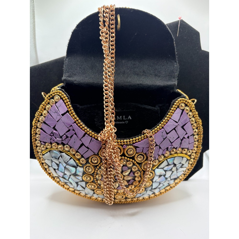 Ramla BOHO Mosaic Shell Clutch - Gold & Purple Inlay Statement Purse - Picture 2 of 5